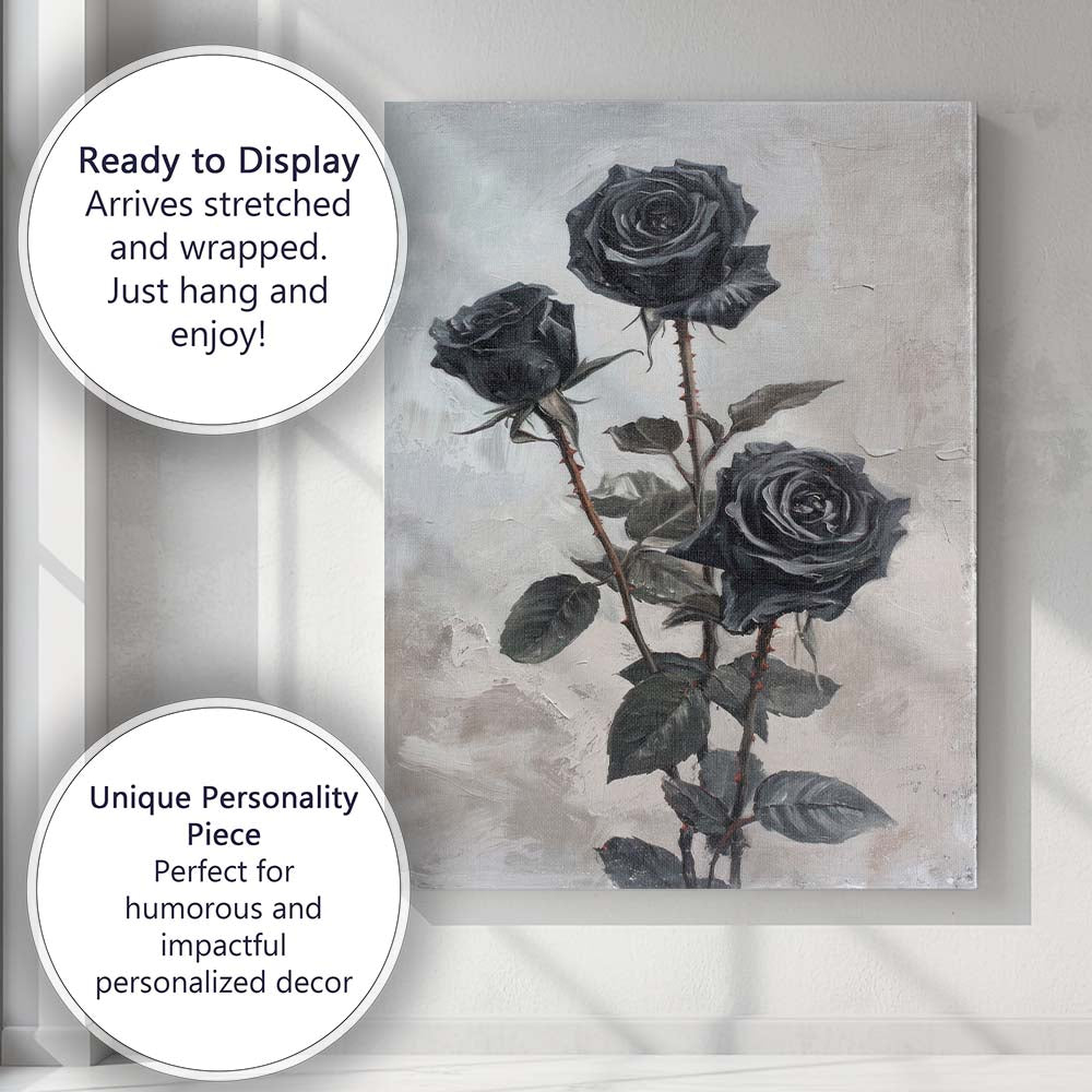 Elegant Black Rose Botanical Floral Still Life Painting Canvas Wall Art Print Decor Picture Ready to Hang