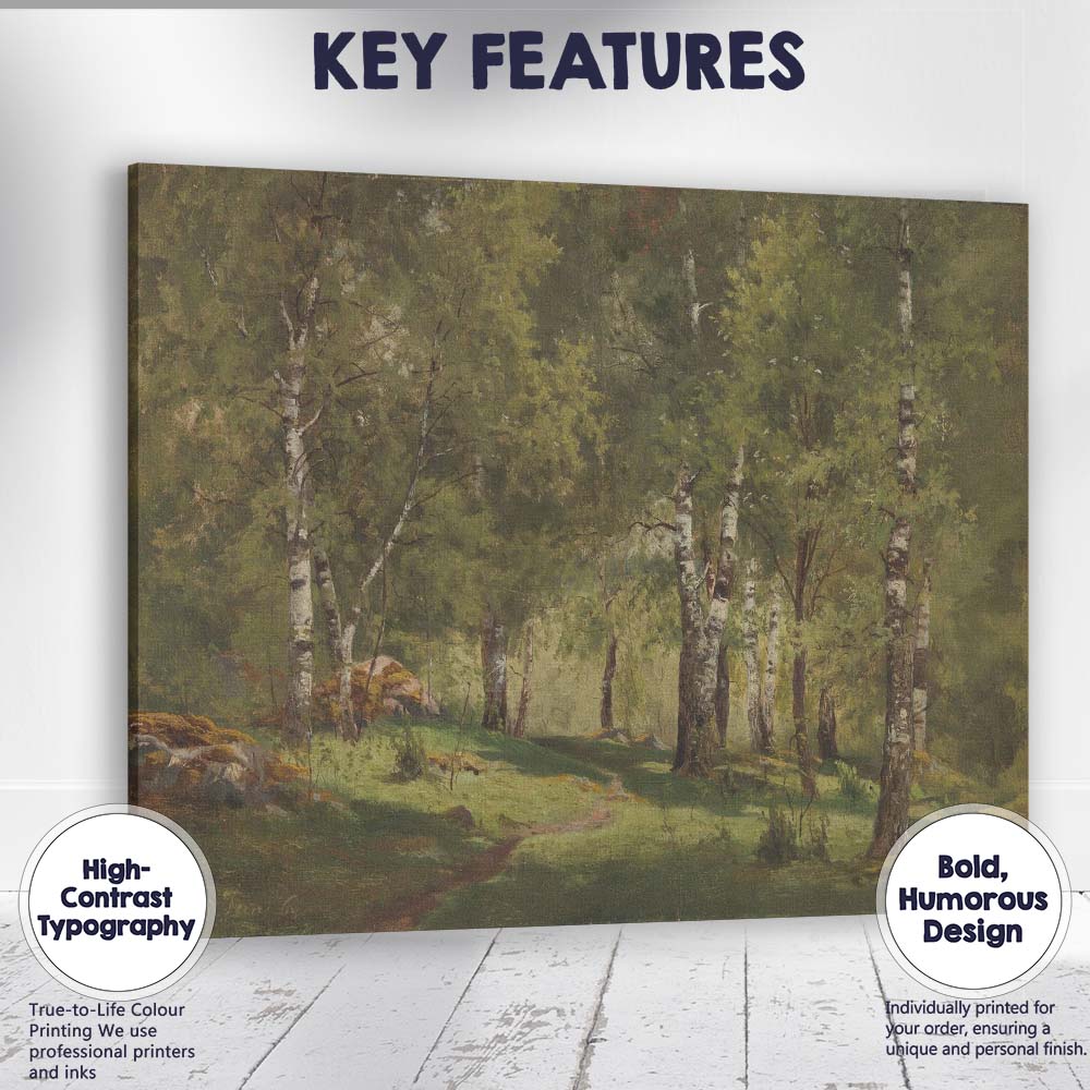 Sunlit Birch Forest Woodland Landscape Traditional Painting Canvas Wall Art Print Decor Picture Ready to Hang
