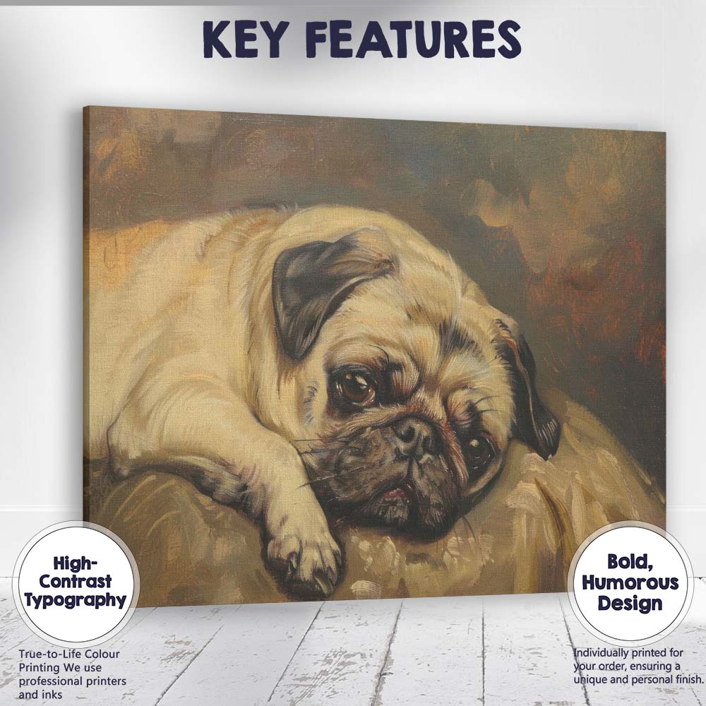 Sleepy Pug Dog Portrait Warm Neutral Toned Animal Painting Canvas Wall Art Print Decor Picture Ready to Hang