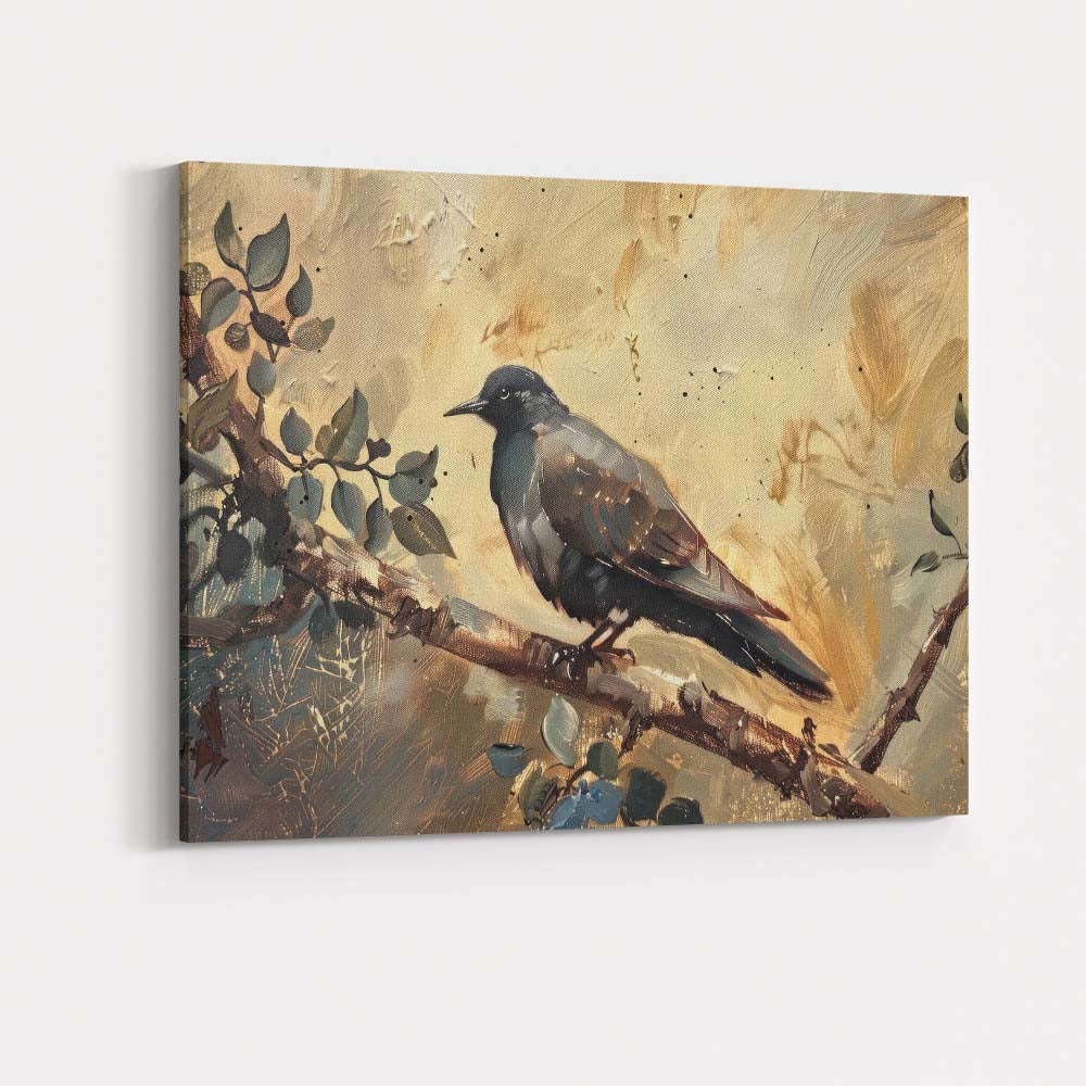Black Crow Perched on Branch Rustic Woodland Wildlife Painting Canvas Wall Art Print Decor Picture Ready to Hang