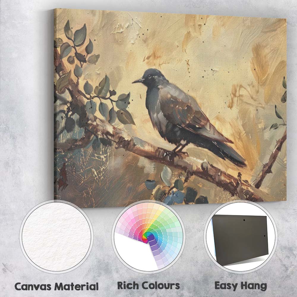 Black Crow Perched on Branch Rustic Woodland Wildlife Painting Canvas Wall Art Print Decor Picture Ready to Hang
