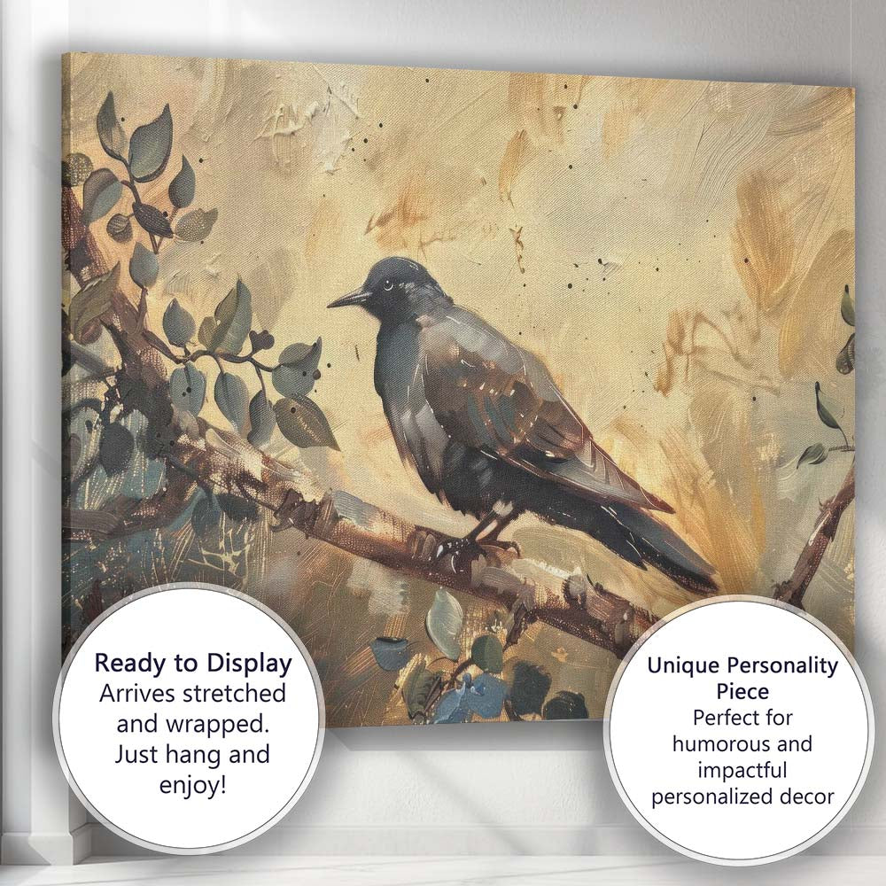 Black Crow Perched on Branch Rustic Woodland Wildlife Painting Canvas Wall Art Print Decor Picture Ready to Hang