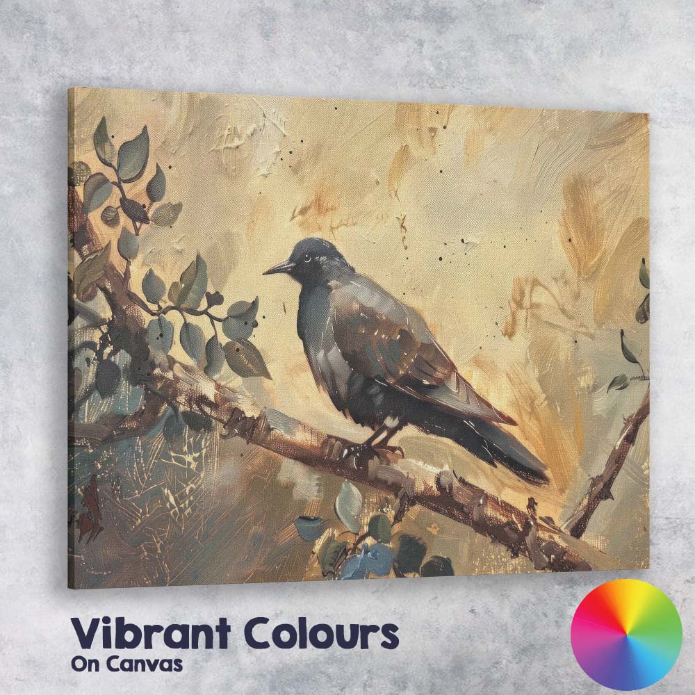 Black Crow Perched on Branch Rustic Woodland Wildlife Painting Canvas Wall Art Print Decor Picture Ready to Hang