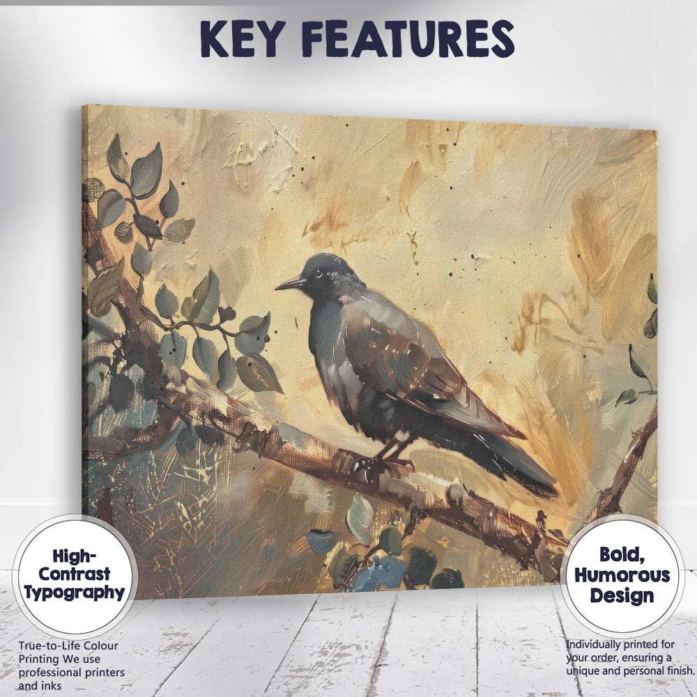 Black Crow Perched on Branch Rustic Woodland Wildlife Painting Canvas Wall Art Print Decor Picture Ready to Hang