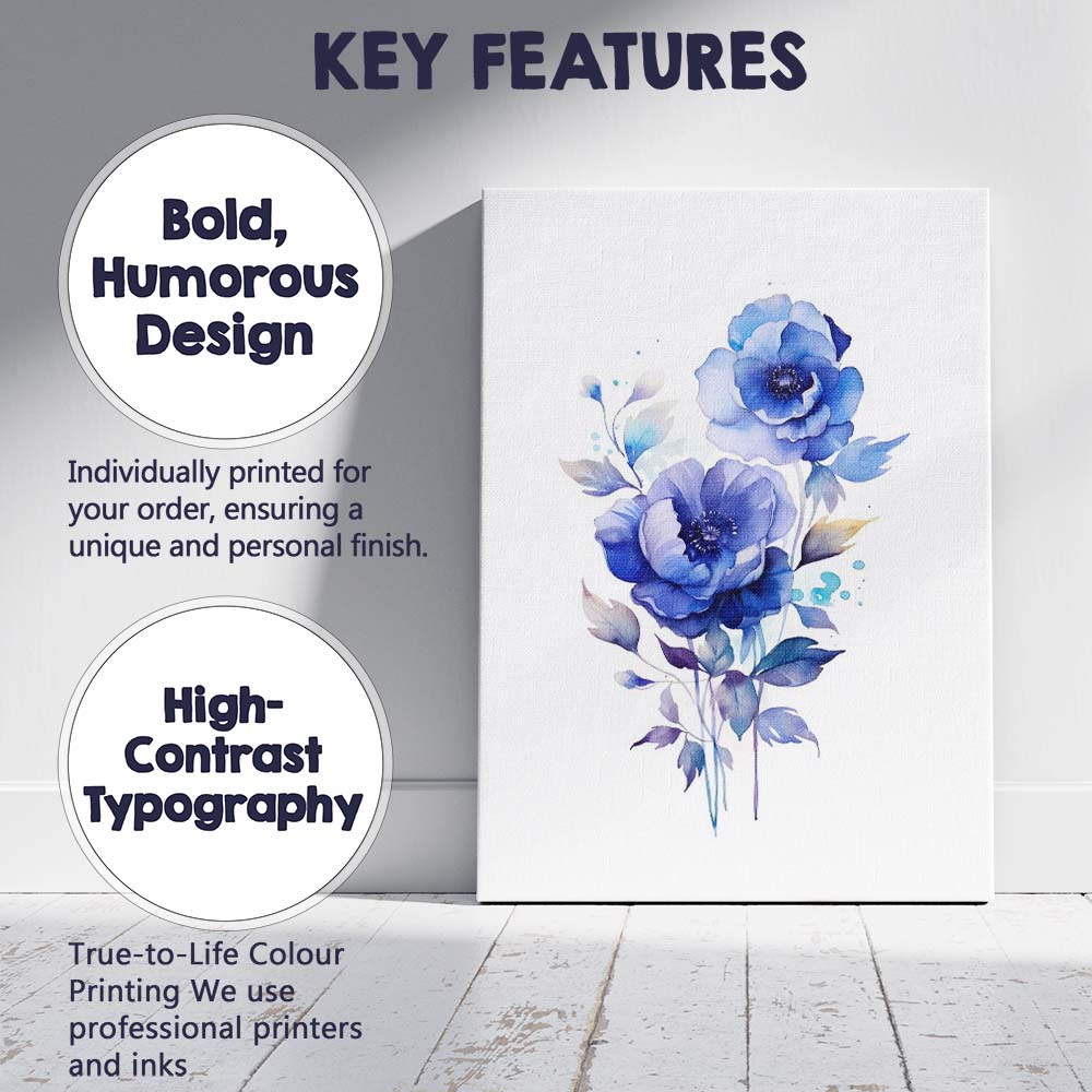 Elegant Blue Peony Blossom Watercolour Floral Canvas Wall Art Print Decor Picture Ready to Hang