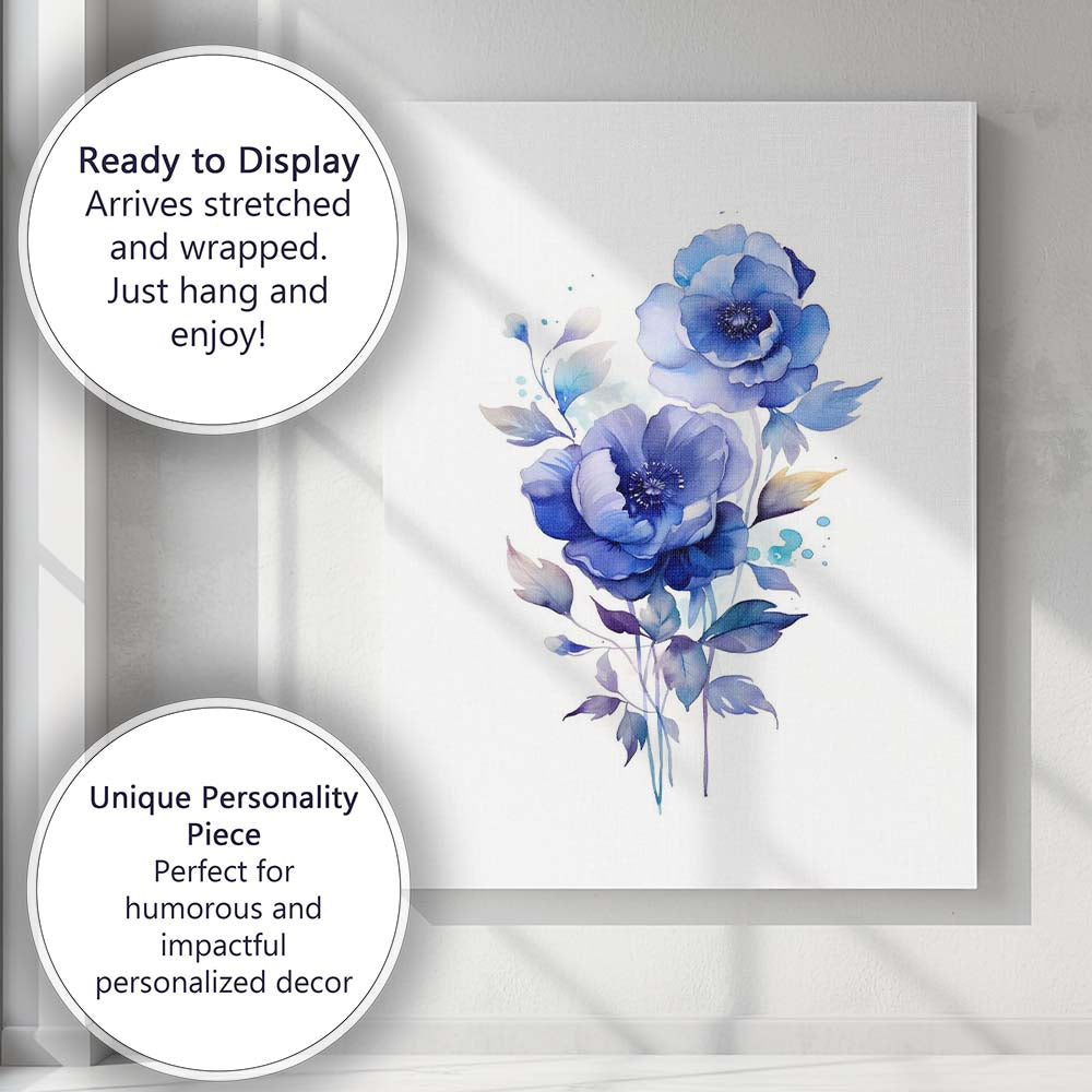 Elegant Blue Peony Blossom Watercolour Floral Canvas Wall Art Print Decor Picture Ready to Hang