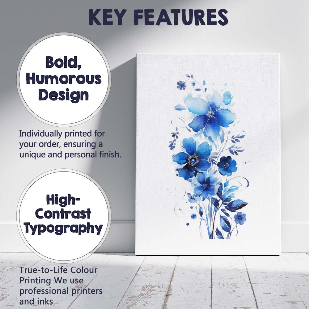 Modern Blue Floral Botanical Watercolour Arrangement Canvas Wall Art Print Decor Picture Ready to Hang