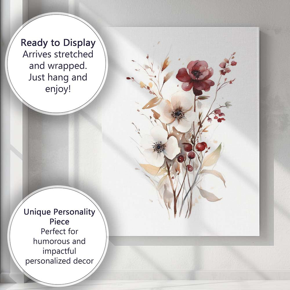 Rust Red Berry Floral Watercolour Botanical Arrangement Canvas Wall Art Print Decor Picture Ready to Hang