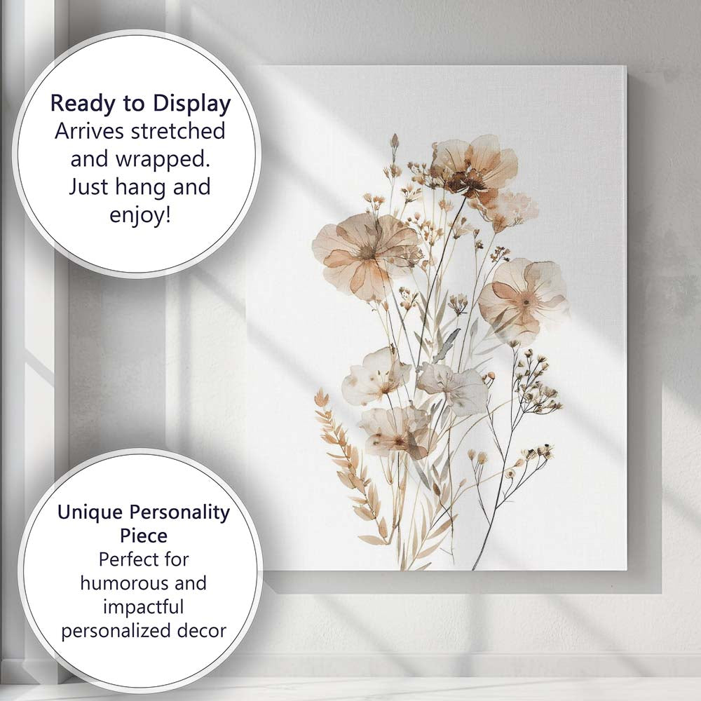 Elegant Neutral Poppy Blossom Watercolour Floral Arrangement Canvas Wall Art Print Decor Picture Ready to Hang