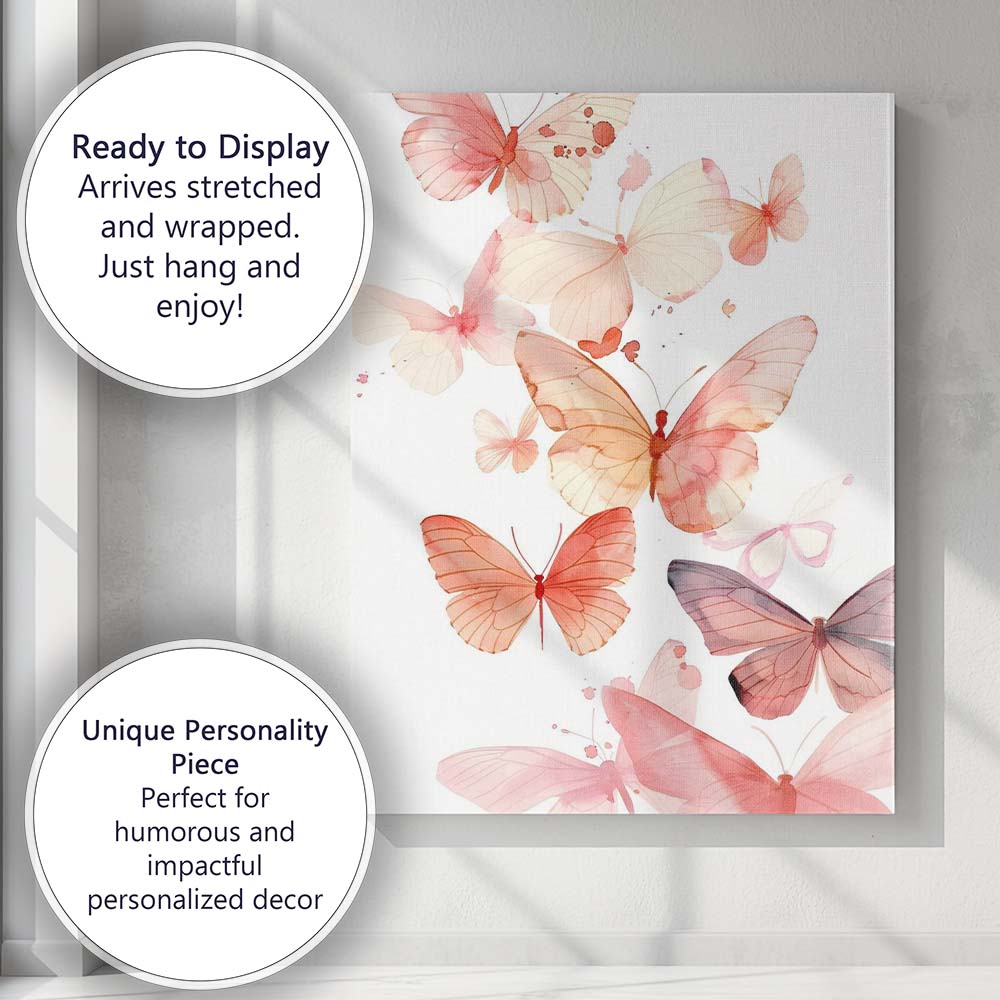 Pastel Pink Butterfly Flight Watercolour Nature Collection Canvas Wall Art Print Decor Picture Ready to Hang