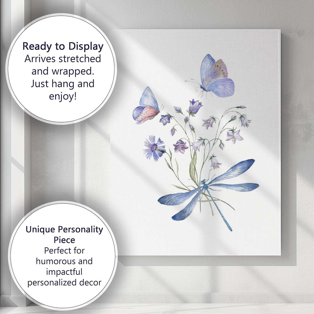 Blue Butterfly Dragonfly Wildflower Watercolour Botanical Nature Canvas Wall Art Print Decor Picture Ready to Hang
