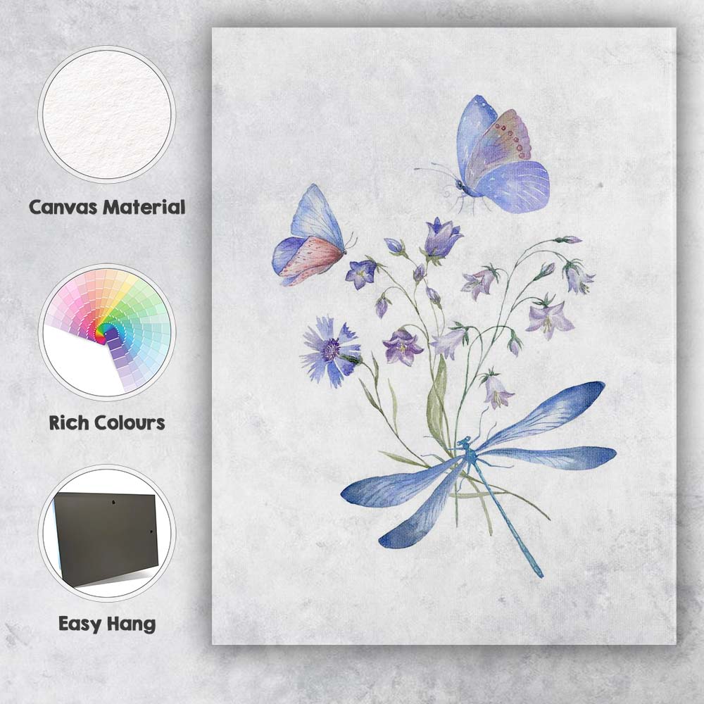 Blue Butterfly Dragonfly Wildflower Watercolour Botanical Nature Canvas Wall Art Print Decor Picture Ready to Hang