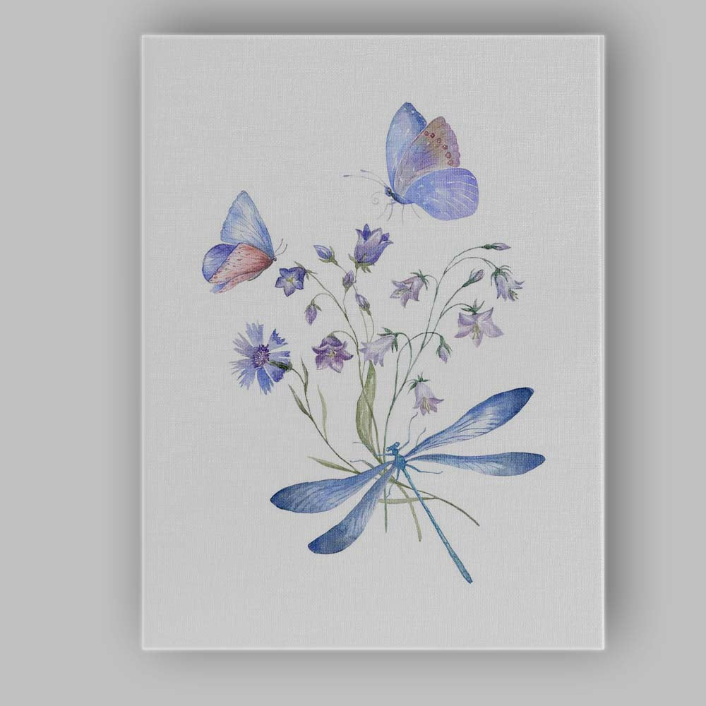 Blue Butterfly Dragonfly Wildflower Watercolour Botanical Nature Canvas Wall Art Print Decor Picture Ready to Hang