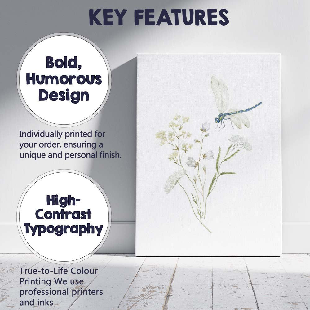 Delicate Blue Dragonfly White Wildflower Watercolour Botanical Canvas Wall Art Print Decor Picture Ready to Hang