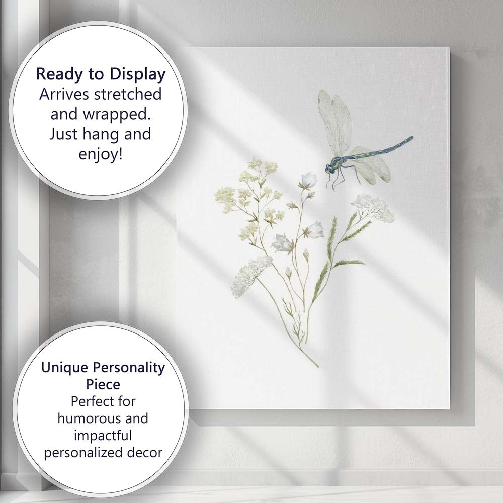 Delicate Blue Dragonfly White Wildflower Watercolour Botanical Canvas Wall Art Print Decor Picture Ready to Hang