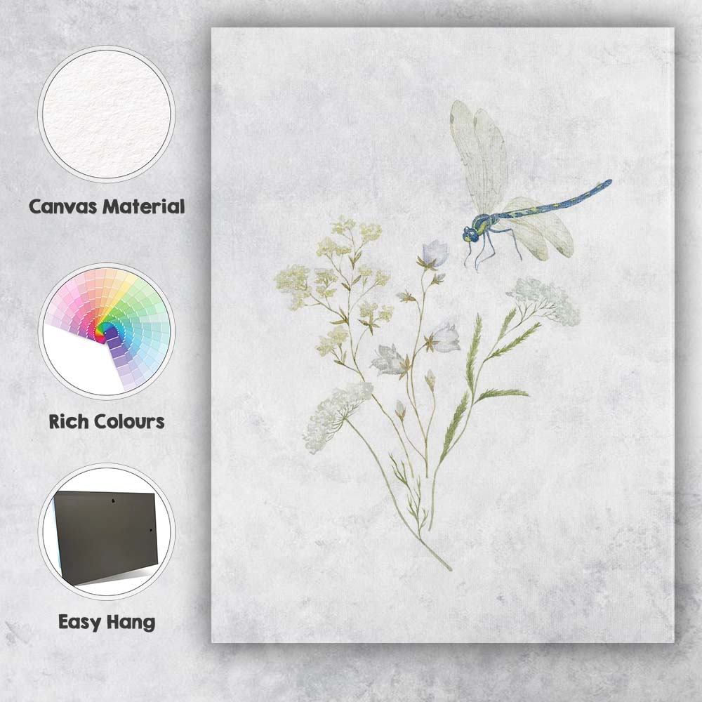 Delicate Blue Dragonfly White Wildflower Watercolour Botanical Canvas Wall Art Print Decor Picture Ready to Hang