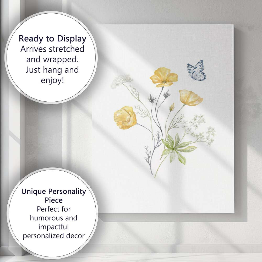 Soft Yellow Poppy Blue Butterfly Wildflower Watercolour Botanical Canvas Wall Art Print Decor Picture Ready to Hang