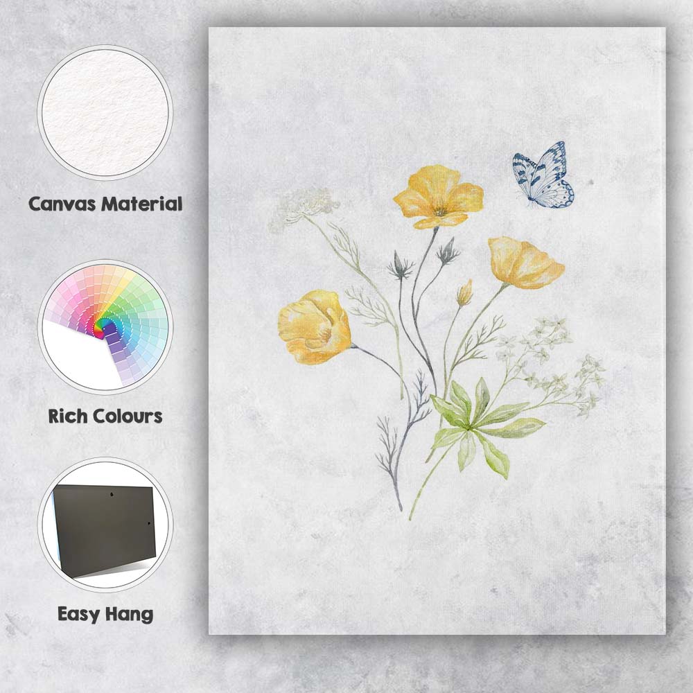 Soft Yellow Poppy Blue Butterfly Wildflower Watercolour Botanical Canvas Wall Art Print Decor Picture Ready to Hang