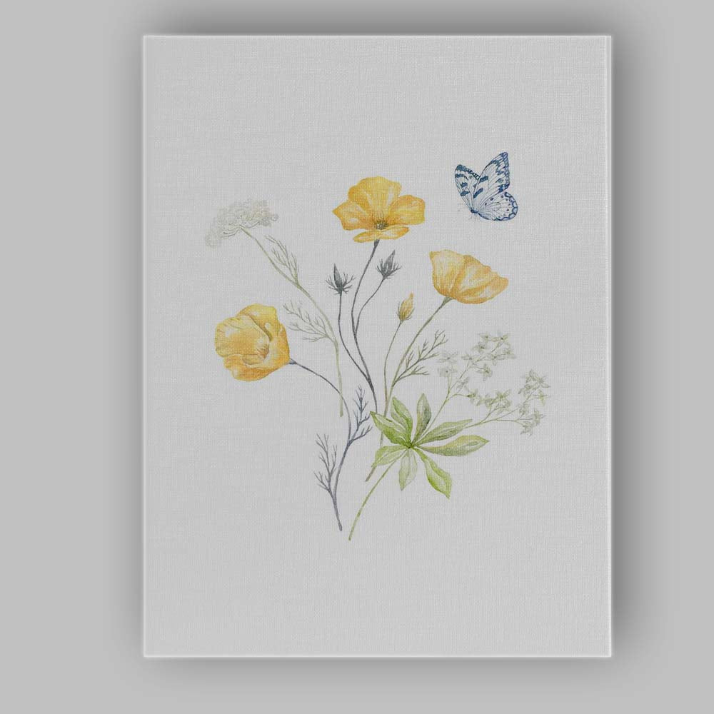 Soft Yellow Poppy Blue Butterfly Wildflower Watercolour Botanical Canvas Wall Art Print Decor Picture Ready to Hang