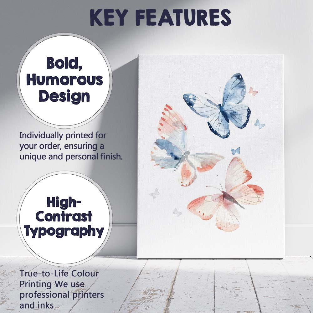 Blue and Blush Watercolour Butterfly Collection Canvas Wall Art Print Decor Picture Ready to Hang