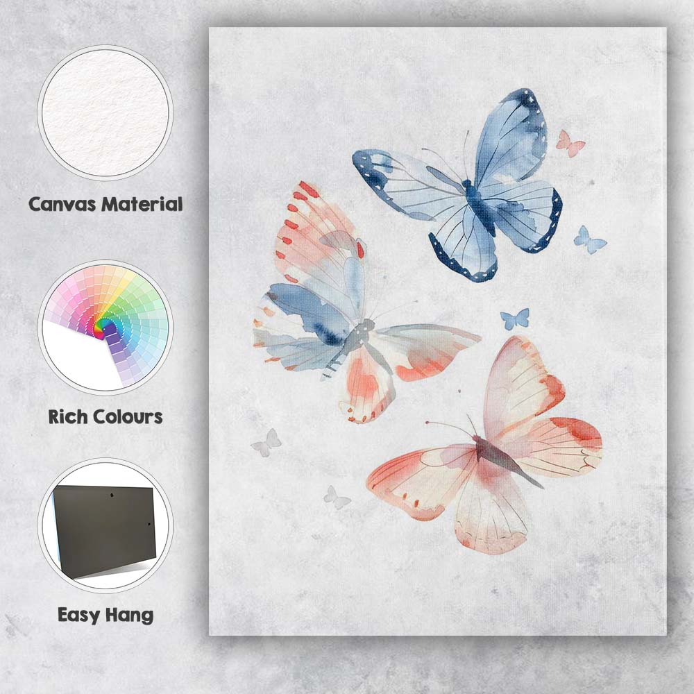 Blue and Blush Watercolour Butterfly Collection Canvas Wall Art Print Decor Picture Ready to Hang