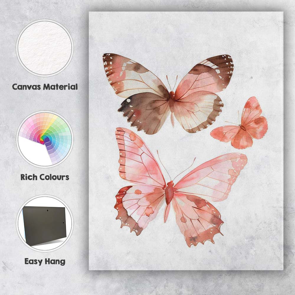 Blush Brown Watercolour Butterfly Trio Canvas Wall Art Print Decor Picture Ready to Hang
