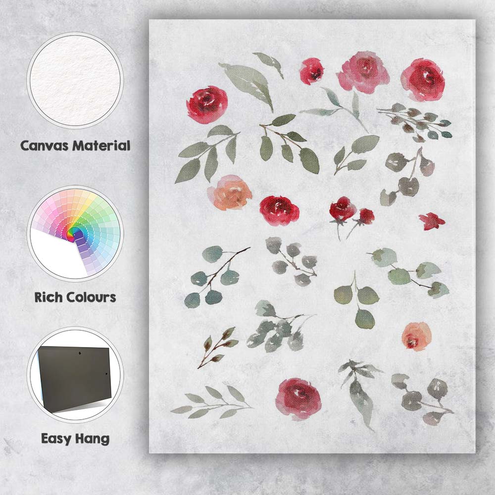 Red Rose Eucalyptus Watercolour Botanical Elements Canvas Wall Art Print Decor Picture Ready to Hang