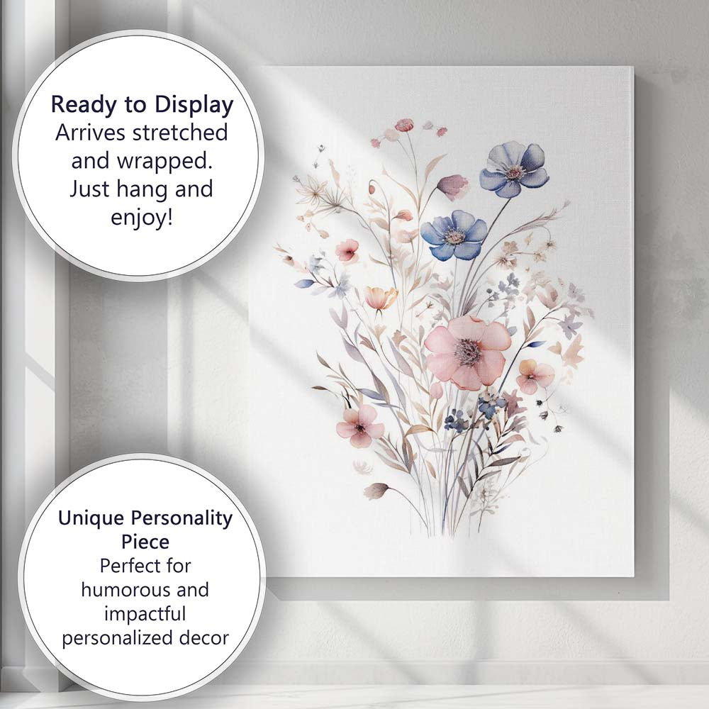Pastel Blue Pink Wildflower Watercolour Floral Bouquet Canvas Wall Art Print Decor Picture Ready to Hang