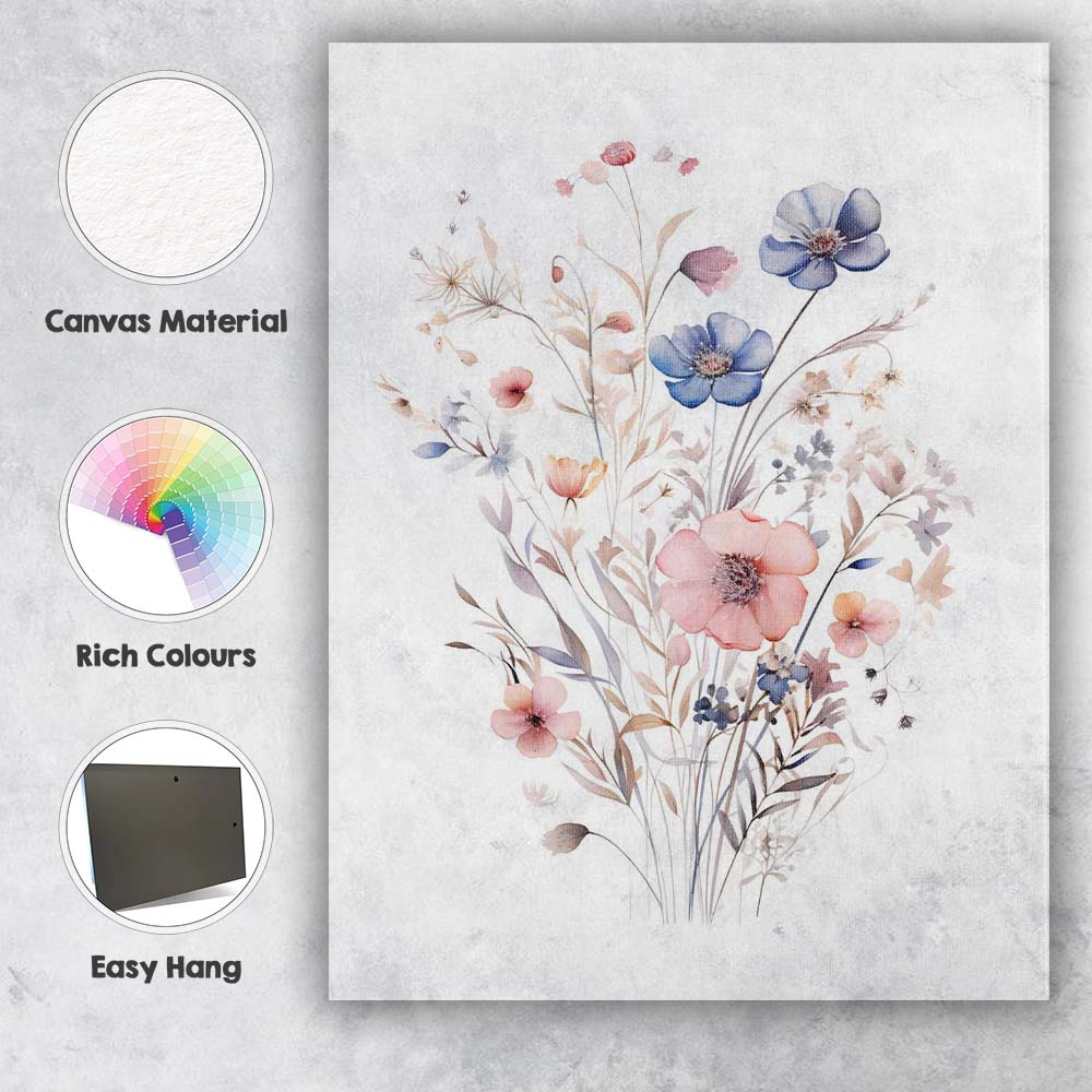 Pastel Blue Pink Wildflower Watercolour Floral Bouquet Canvas Wall Art Print Decor Picture Ready to Hang
