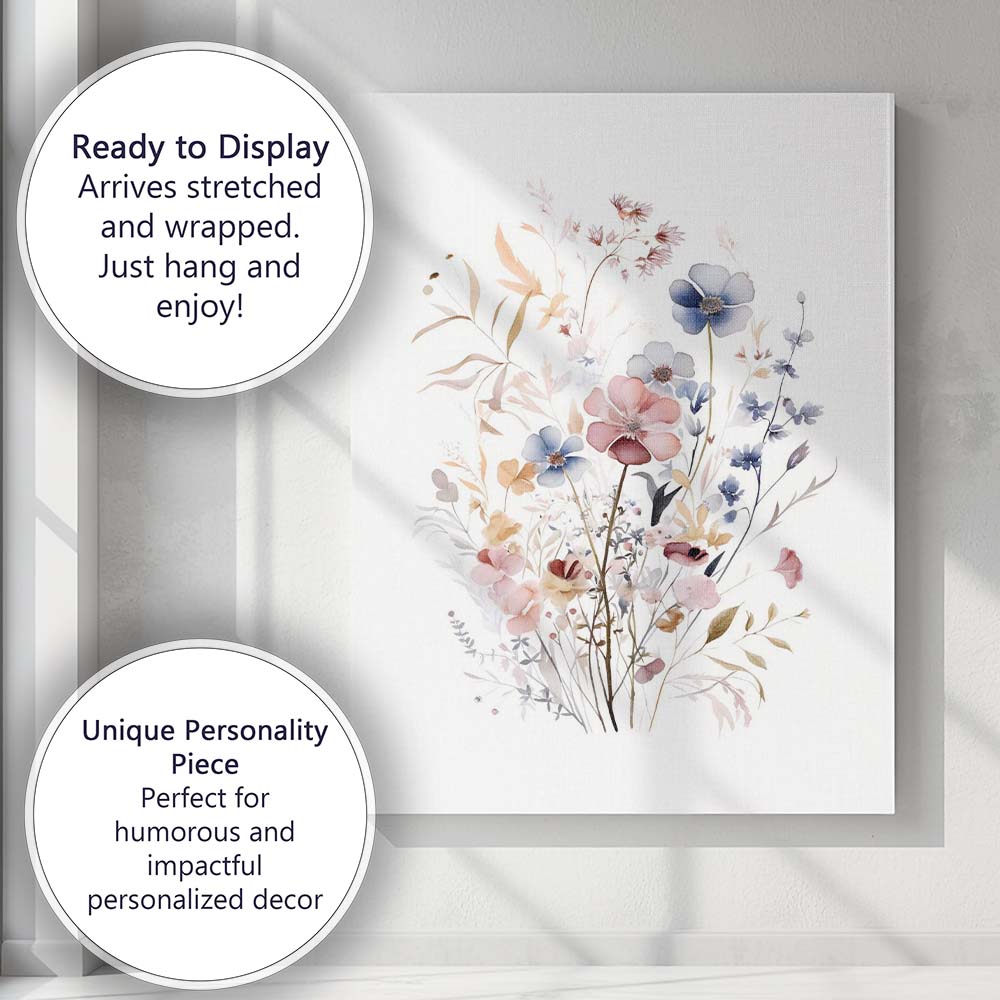Pastel Blue Pink Wildflower Meadow Watercolour Floral Bouquet Canvas Wall Art Print Decor Picture Ready to Hang