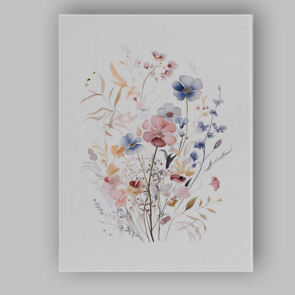 Pastel Blue Pink Wildflower Meadow Watercolour Floral Bouquet Canvas Wall Art Print Decor Picture Ready to Hang