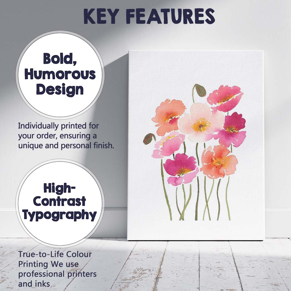 Vibrant Pink Coral Watercolour Poppy Flower Bouquet Canvas Wall Art Print Decor Picture Ready to Hang