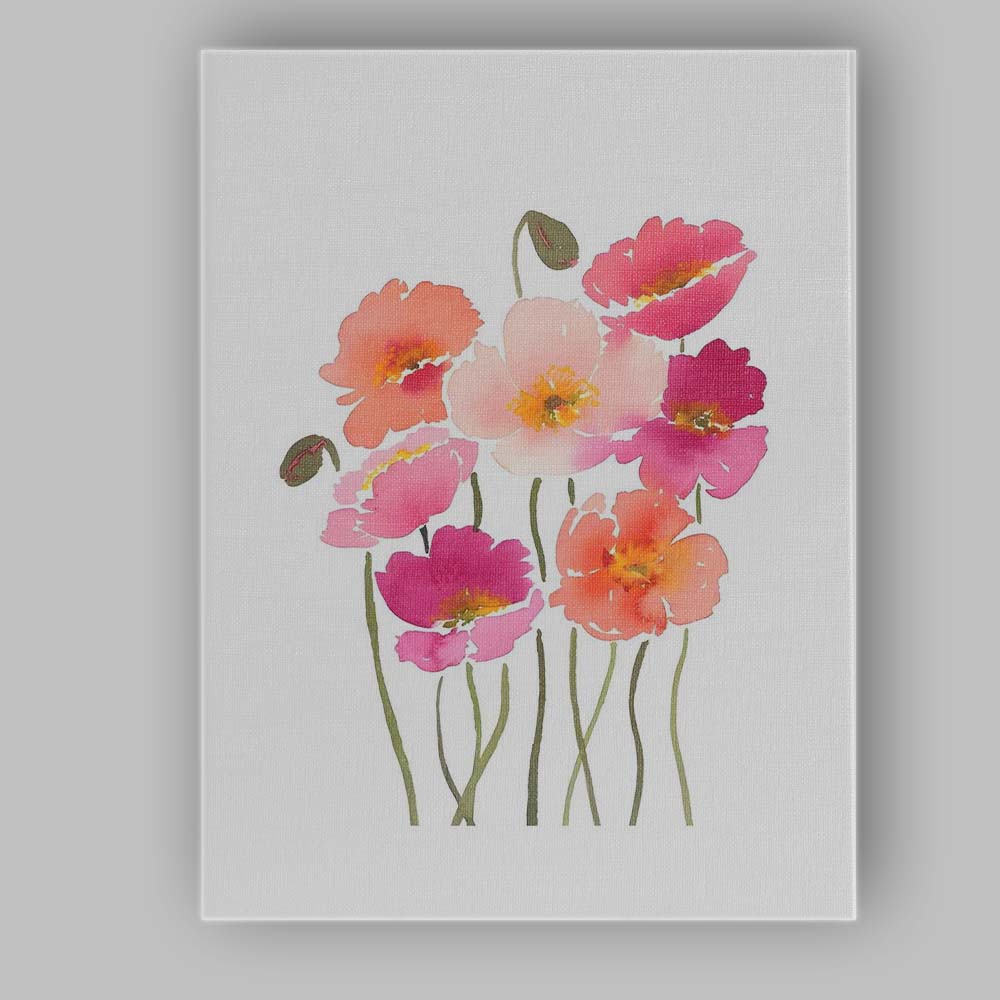 Vibrant Pink Coral Watercolour Poppy Flower Bouquet Canvas Wall Art Print Decor Picture Ready to Hang