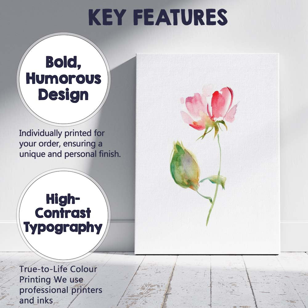 Soft Pink Watercolour Rose Bloom Botanical Illustration Canvas Wall Art Print Decor Picture Ready to Hang