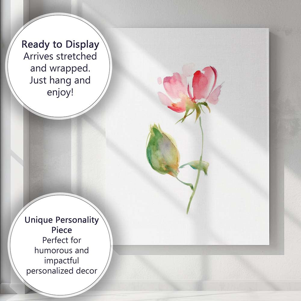 Soft Pink Watercolour Rose Bloom Botanical Illustration Canvas Wall Art Print Decor Picture Ready to Hang