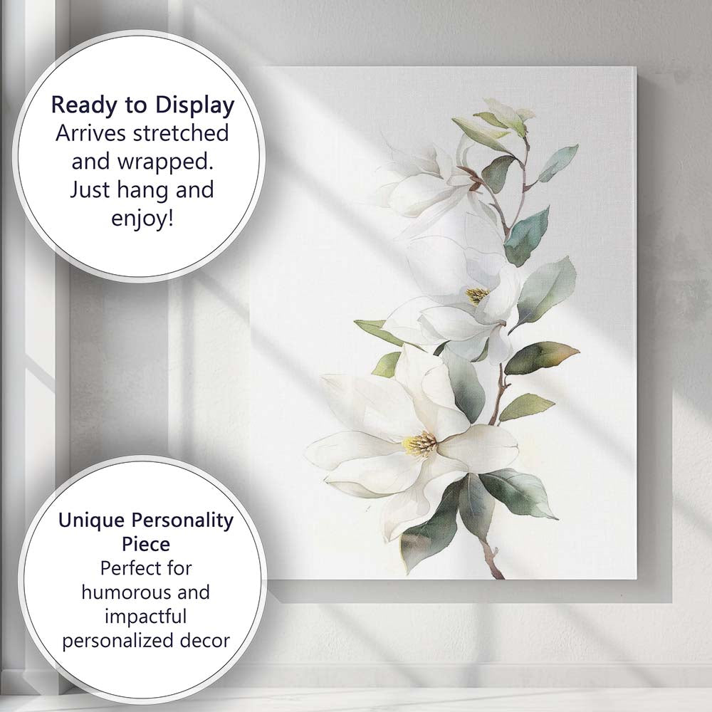 White Magnolia Blossom Botanical Watercolour Branch Canvas Wall Art Print Decor Picture Ready to Hang