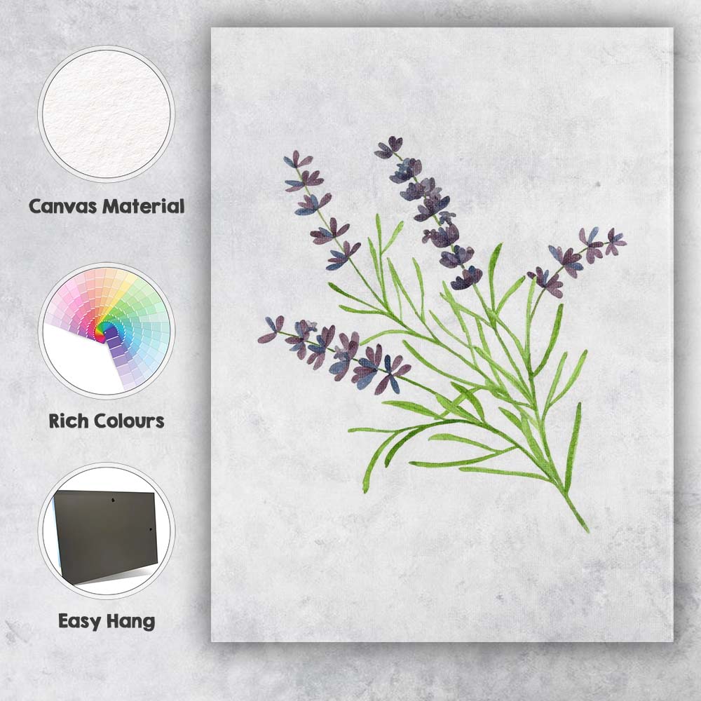Delicate Purple Lavender Botanical Watercolour Floral Canvas Wall Art Print Decor Picture Ready to Hang