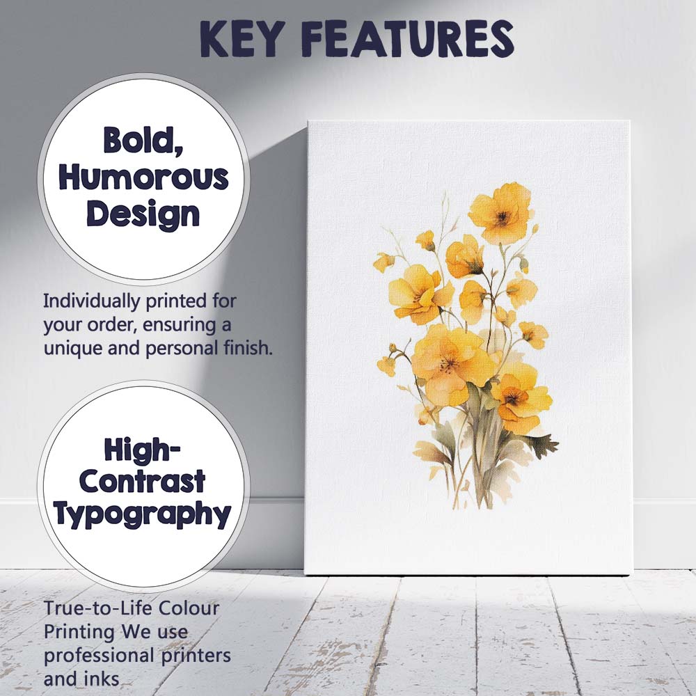 Golden Yellow Poppy Blossom Watercolour Floral Bouquet Canvas Wall Art Print Decor Picture Ready to Hang