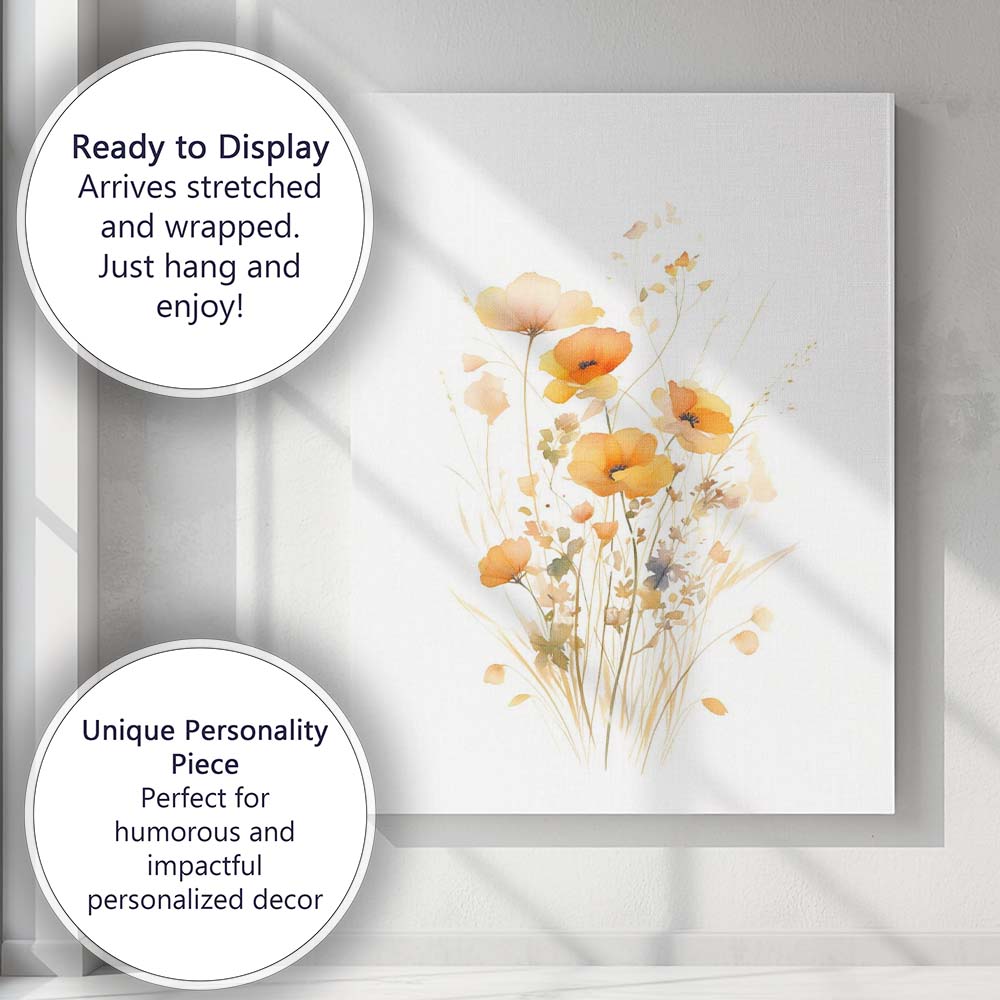 Soft Orange Wild Poppy Meadow Watercolour Floral Canvas Wall Art Print Decor Picture Ready to Hang