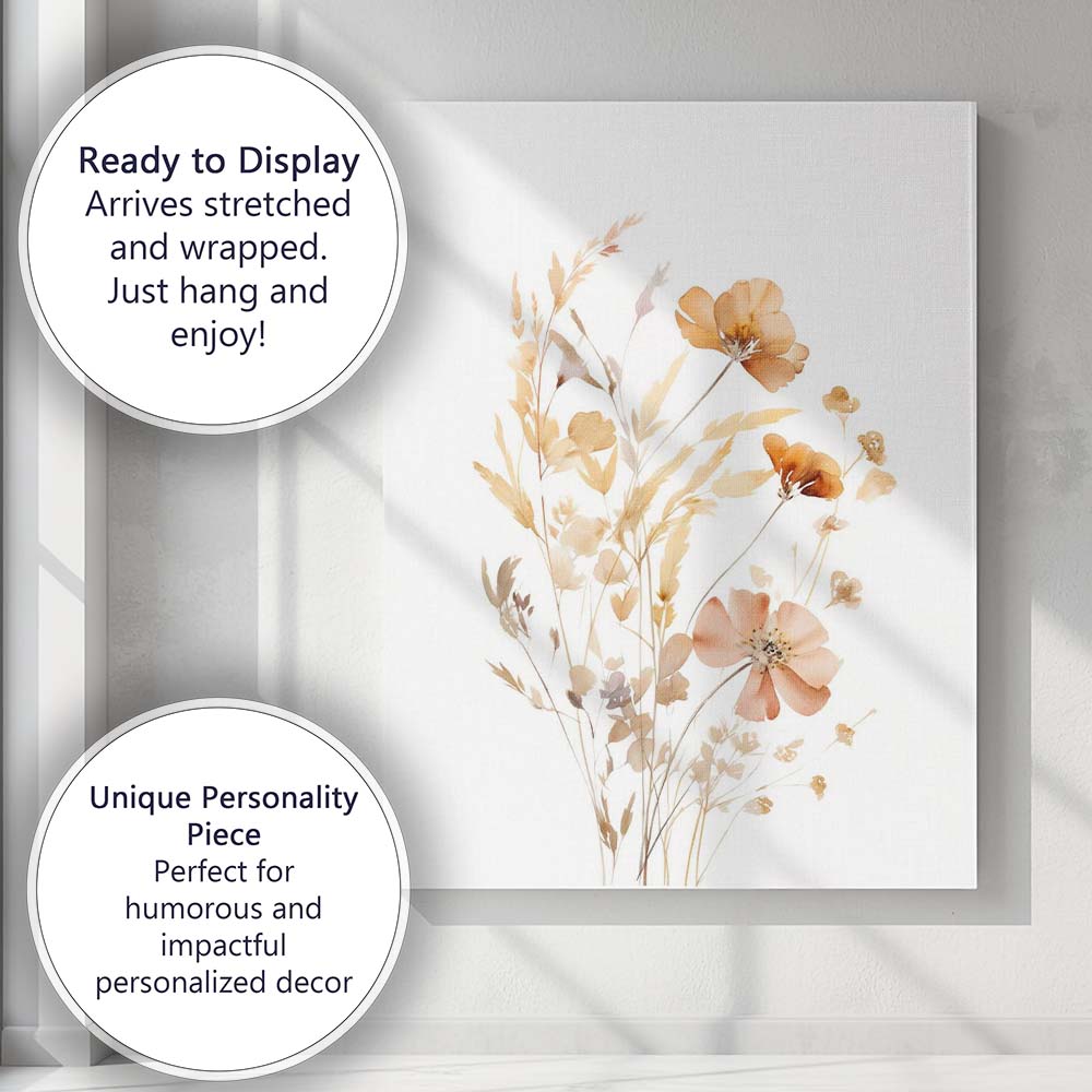 Delicate Peach Wildflower Botanical Watercolour Floral Canvas Wall Art Print Decor Picture Ready to Hang