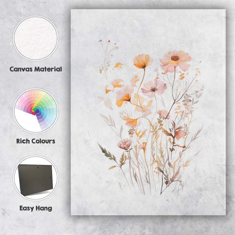 Soft Blush Meadow Flowers Botanical Watercolour Canvas Wall Art Print Decor Picture Ready to Hang