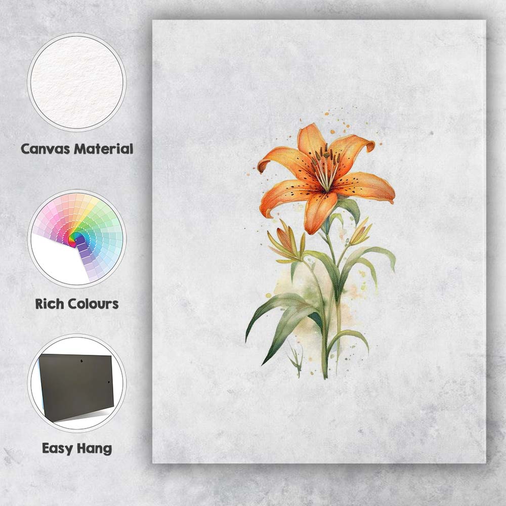 Orange Tiger Lily Botanical Watercolour Floral Canvas Wall Art Print Decor Picture Ready to Hang
