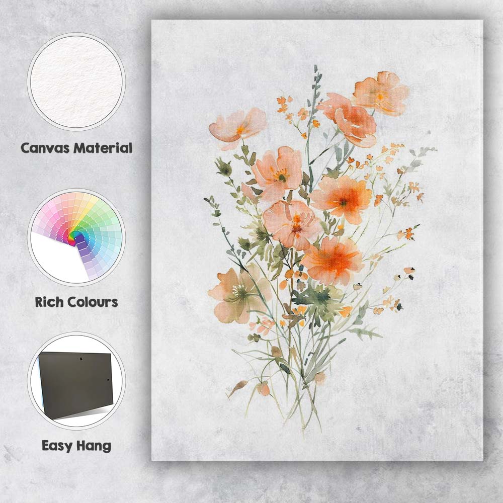 Soft Peach Wildflower Meadow Botanical Watercolour Canvas Wall Art Print Decor Picture Ready to Hang
