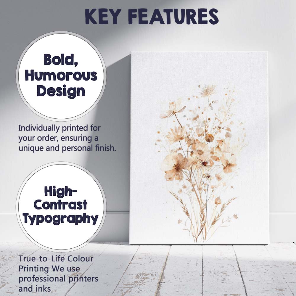 Neutral Beige Wildflower Botanical Watercolour Floral Bouquet Canvas Wall Art Print Decor Picture Ready to Hang