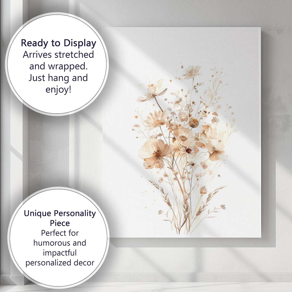 Neutral Beige Wildflower Botanical Watercolour Floral Bouquet Canvas Wall Art Print Decor Picture Ready to Hang