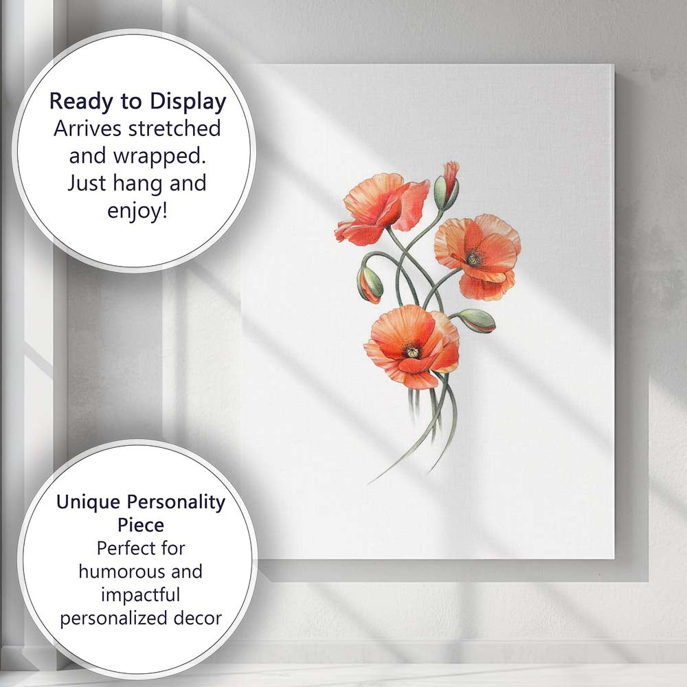 Elegant Red Poppy Botanical Watercolour Floral Canvas Wall Art Print Decor Picture Ready to Hang