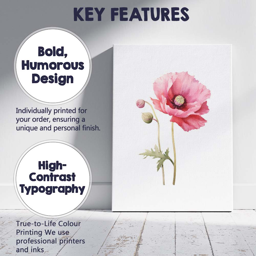 Soft Pink Poppy Botanical Watercolour Flower Canvas Wall Art Print Decor Picture Ready to Hang