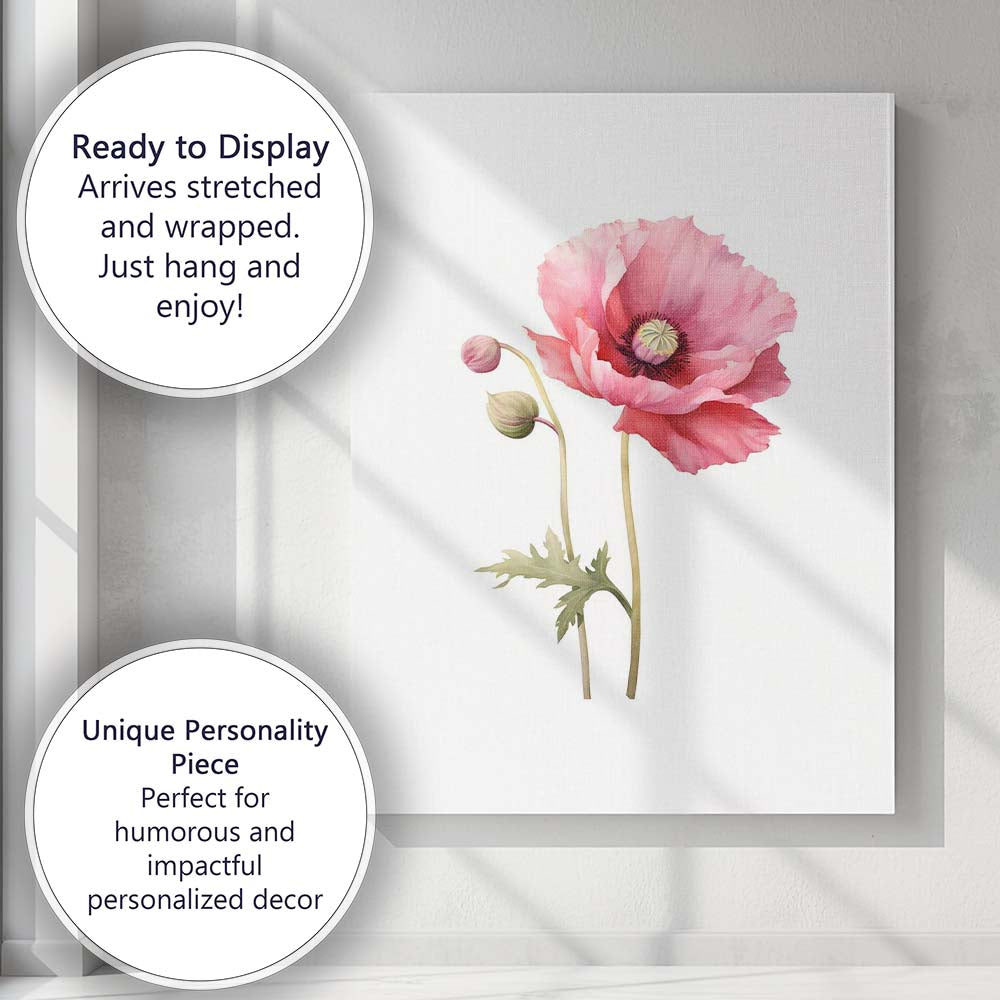 Soft Pink Poppy Botanical Watercolour Flower Canvas Wall Art Print Decor Picture Ready to Hang