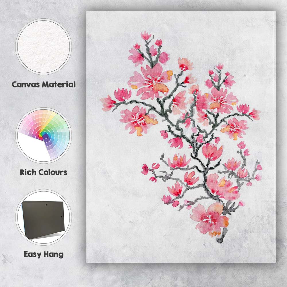 Pink Cherry Blossom Branch Watercolour Floral Canvas Wall Art Print Decor Picture Ready to Hang
