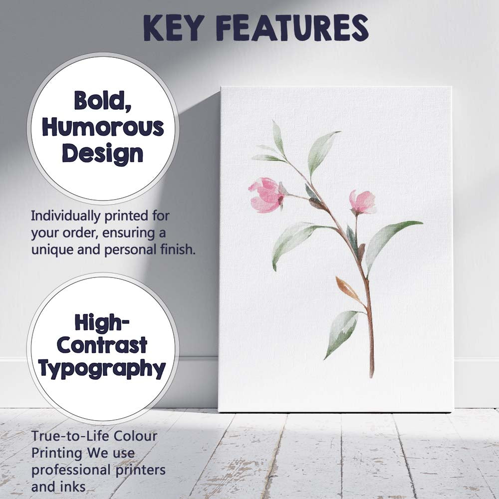 Minimalist Pink Camellia Branch Watercolour Canvas Wall Art Print Decor Picture Ready to Hang